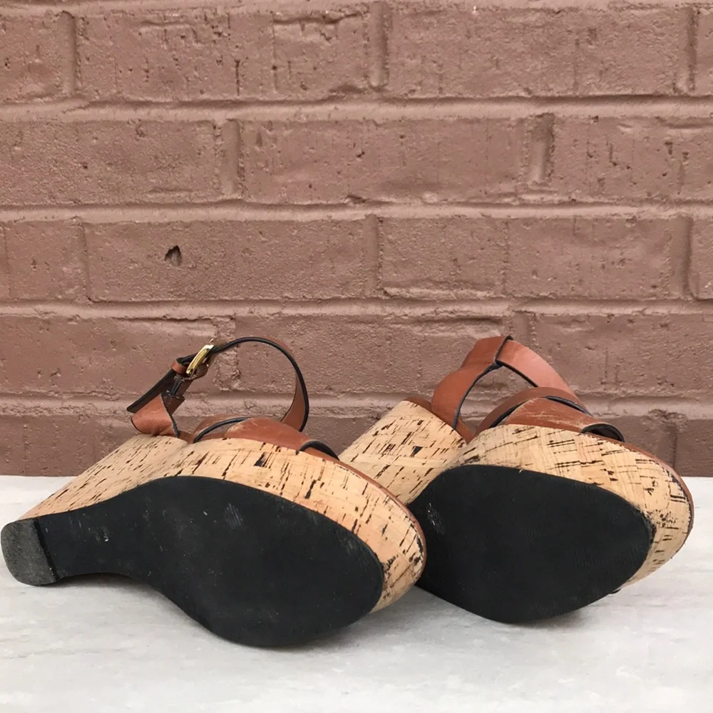 Tahari Tan Leather Cork Platform Wedge Sandals